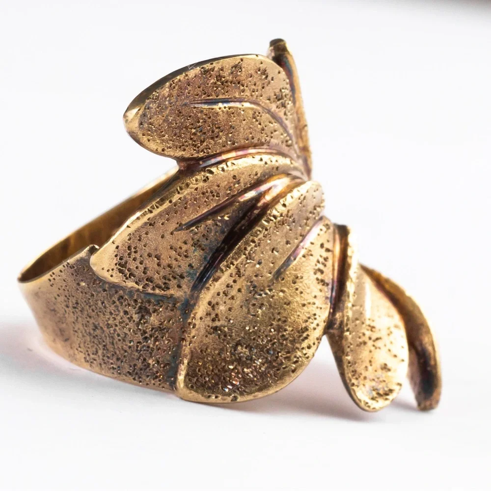 18K yellow gold over sterling silver textured leaf wrap ring 10